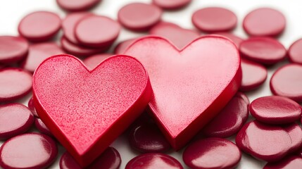 Fototapeta premium Two Red Hearts Surrounded by Red Discs Romantic Valentine's Day Concept