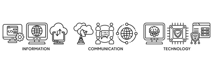 ICT icon set vector illustration concept relate to information and communications technology with icon of antenna, radio, network, website, database, cloud, server, data, electronic, and processor