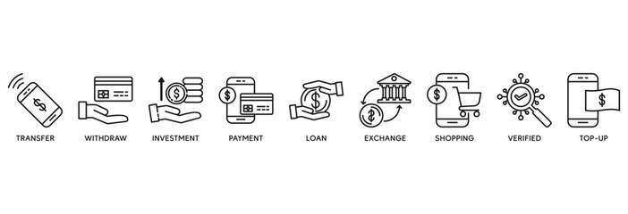 Mobile banking icon set vector illustration concept relate to transfer, withdraw, investment, payment, loan, exchange, shopping, verified and top-up�
