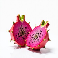 A vibrant pink dragon fruit cut in half, displaying its juicy flesh and black seeds on a white background.