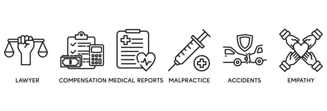 Personal injury law icon set vector illustration concept relate to lawyer, compensation, medical reports, malpractice, accidents and empathy
