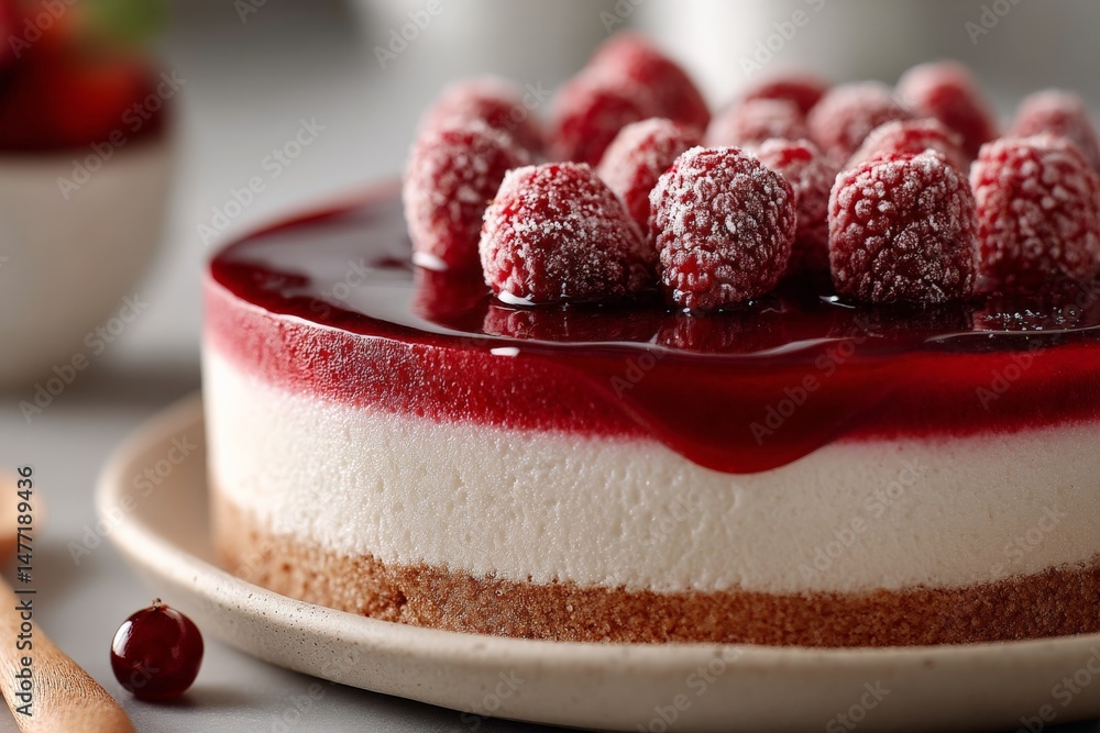 Poster delicious cheesecake topped with frosted raspberries on a smooth red sauce served on a light plate