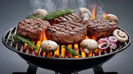 Delicious beef steaks with mushrooms and rosemary on the grill