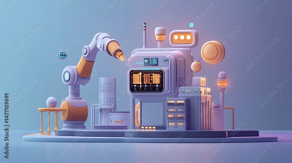 Poster robotic arm working on a futuristic machine with screens and lights in a stylized environment