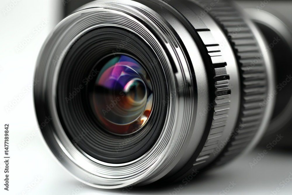 Poster close-up view of a camera lens showcasing detailed reflections and metallic craftsmanship during day