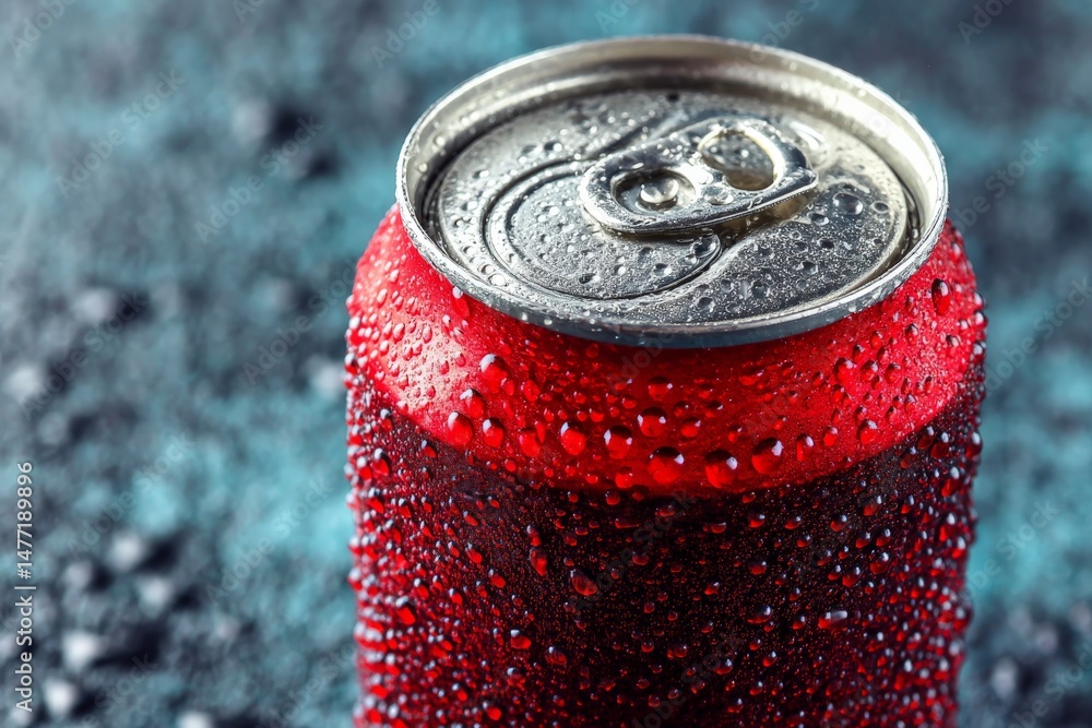 Poster cool red beverage can covered in droplets sits on a textured surface during a warm afternoon