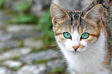 Playful tabby cat with striking green eyes in a scenic outdoor setting