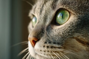 Close-up of a cat's face showcasing striking green eyes and detailed fur illuminated by natural light