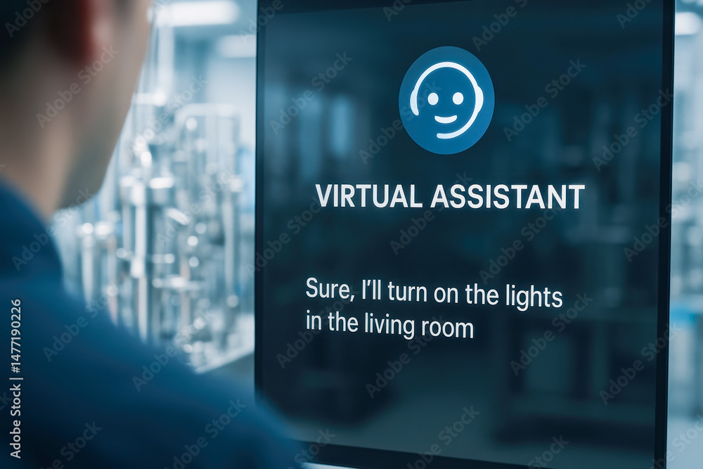 Poster person interacts with virtual assistant on screen in modern vaccine production facility creating eff