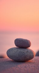 Two smooth stones stacked on a beach with a soft pink sunset background.
