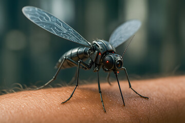 Macro shot of robotic mosquito on human skin