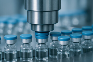 Vaccine production facility with automated machinery sealing glass vials filled with liquid for medical use in sterile environment