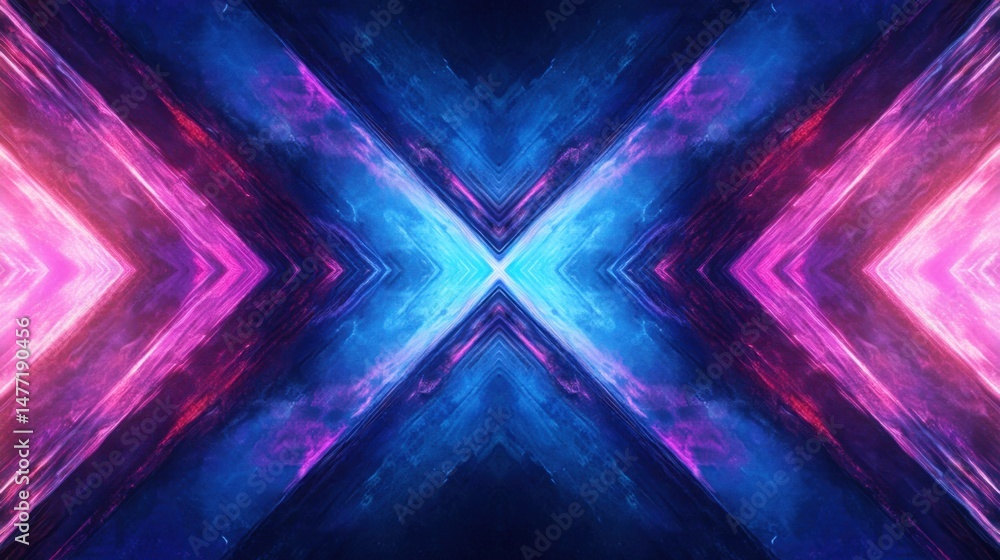 Poster abstract neon light display with symmetrical x pattern in blue and pink tones studio shot