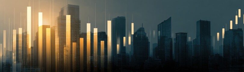 Obraz premium Abstract city skyline silhouette with financial chart overlay in golden and blue tones.