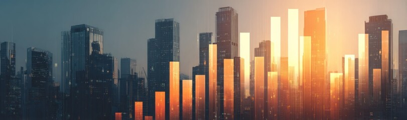 Abstract cityscape with rising bar graph elements suggesting growth and financial success.