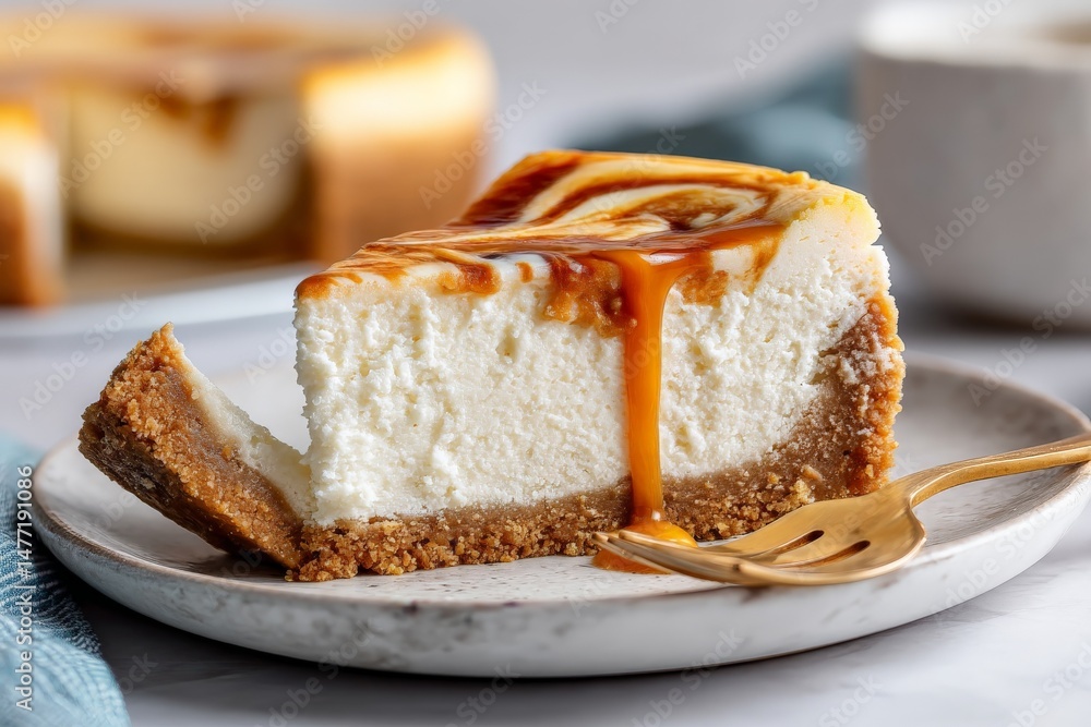 Aufkleber creamy cheesecake slice with caramel drizzle served on a rustic plate with a fork during a cozy dess
