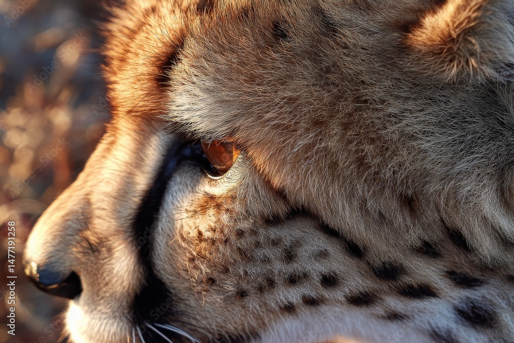 Poster cheetah close-up showing detailed facial features and distinctive markings in natural habitat during