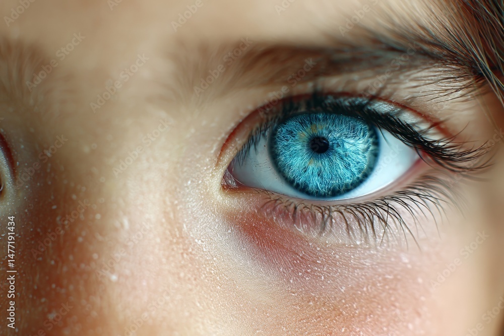 Poster Magnificent close-up of a child's captivating blue eye with intricate details visible in the iris and pupil during daytime