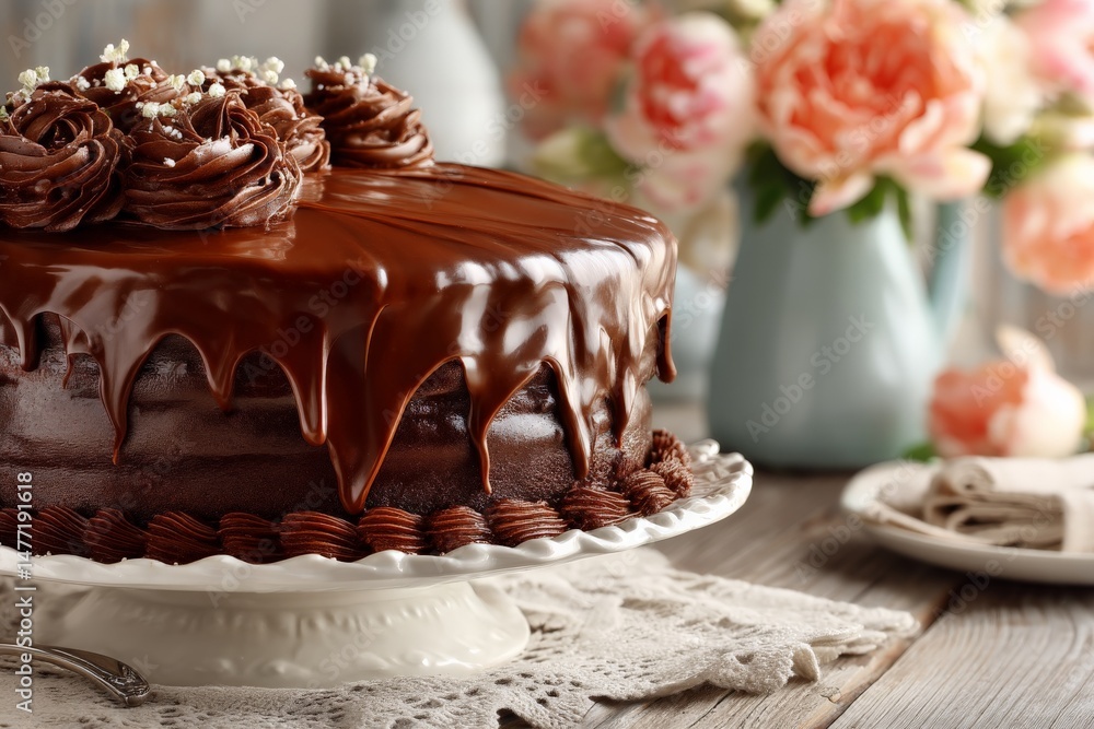 Aufkleber rich chocolate cake with frosting and decorative flowers on a wooden table setting