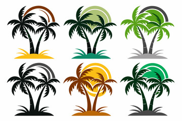 Set of 8 vector  silhouettes of coconut tree and palm logo isolated on a white background