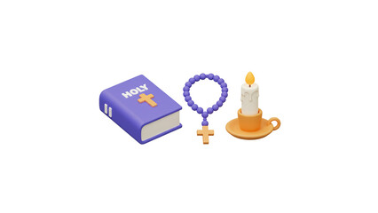 Christian prayer items including holy bible, rosary beads and candle for faith and worship concept on transparent background
