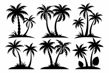 Fototapeta premium Set of 8 vector silhouettes of coconut tree and palm logo isolated on a white background