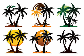 Fototapeta premium Set of 8 vector silhouettes of coconut tree and palm logo isolated on a white background