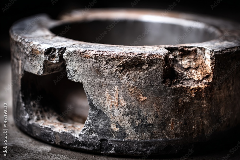 Poster a close-up view of a weathered metal ring showcasing rust and erosion in an industrial setting