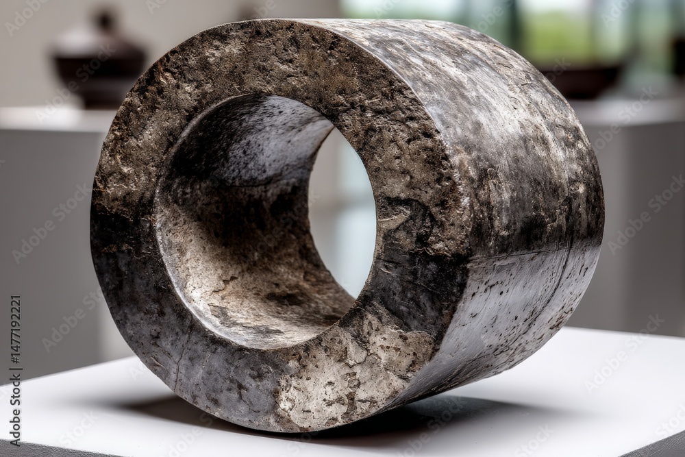Poster sculptural stone artifact displayed in a modern exhibition space featuring unique textures and mater