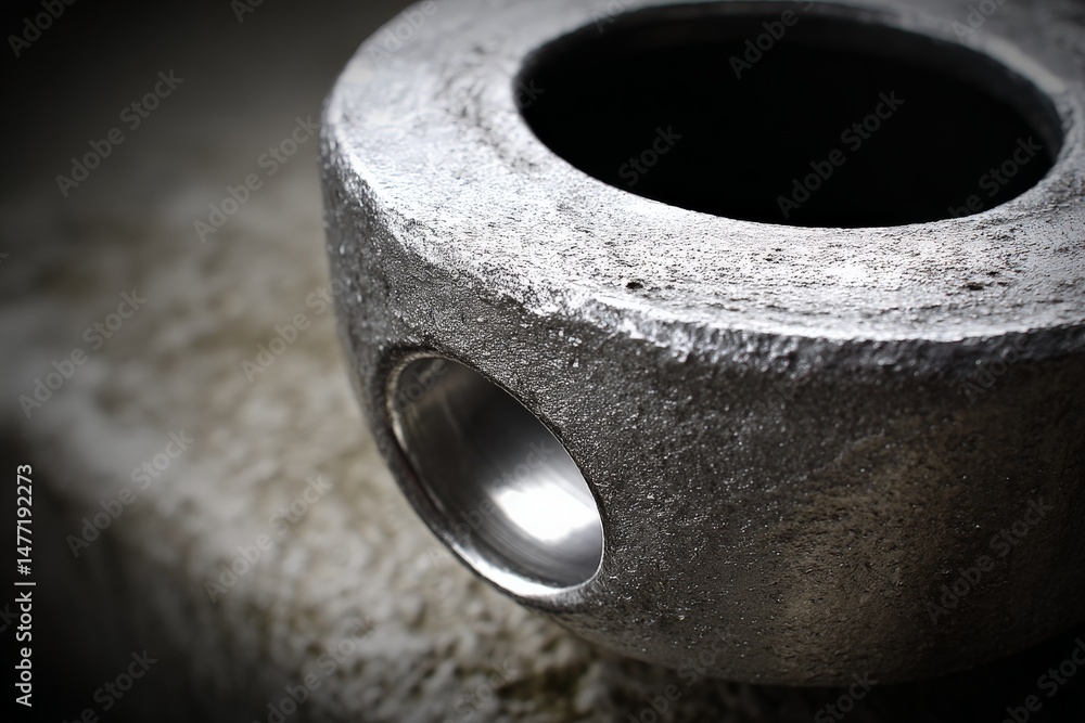 Leinwandbilder Close-up view of a heavy metal object resting on a stone surface in a workshop setting during daylight