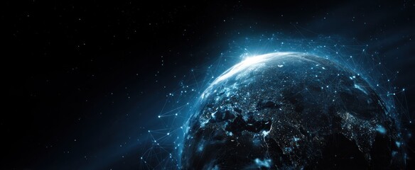 A planet with a glowing atmosphere is set against a dark space background.