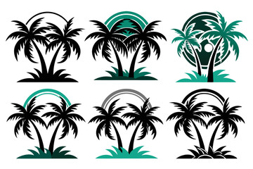Obraz premium Set of vector silhouettes of coconut tree and palm logo isolated on a white background 