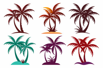 Obraz premium Set of vector silhouettes of coconut tree and palm logo isolated on a white background 