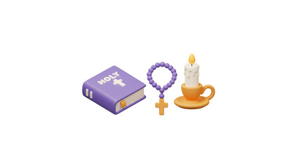 Religious items holy book rosary and candle for prayer and meditation christian faith and belief system on transparent background
