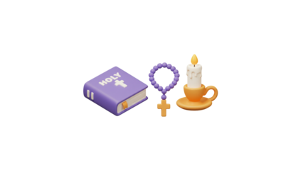 Religious items holy book rosary and candle for prayer and meditation christian faith and belief system on transparent background