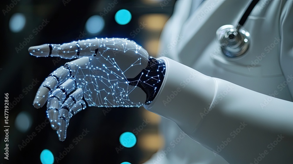 Poster a robotic hand with glowing network overlay extending from a doctor's sleeve and stethoscope shown