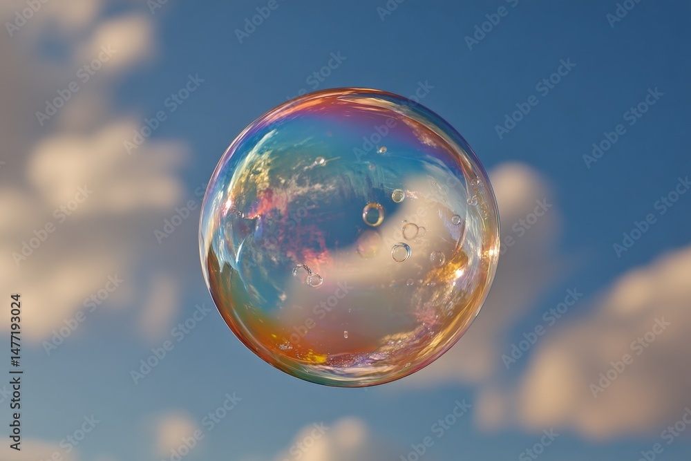 Aufkleber colorful soap bubble floating against a backdrop of blue sky and fluffy clouds during a bright after