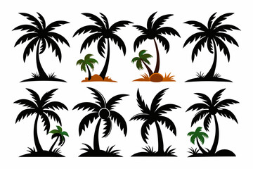 Fototapeta premium Set of vector silhouettes of coconut tree and palm logo isolated on a white background 