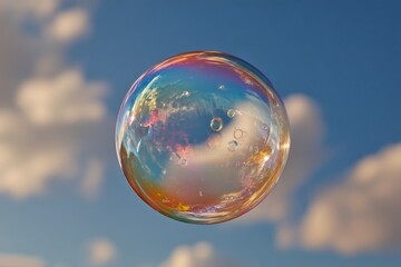 Colorful soap bubble floating against a backdrop of blue sky and fluffy clouds during a bright afternoon