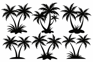 Fototapeta premium Set of vector silhouettes of coconut tree and palm logo isolated on a white background 