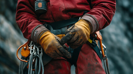Rock Climber in Red Jacket and Gloves Preparing Equipment