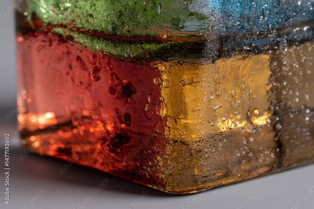 Poster colorful layered gel block illuminated under bright light showcasing vibrant textures and bubbles