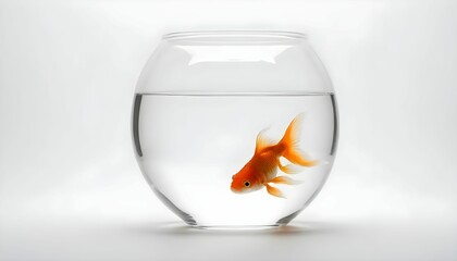 Solitary orange goldfish in a clear glass bowl, isolated against a minimalist white background for a serene aquatic display.
