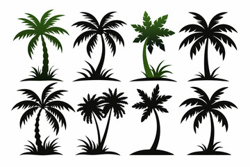 Set of vector silhouettes of coconut tree and palm logo isolated on a white background
