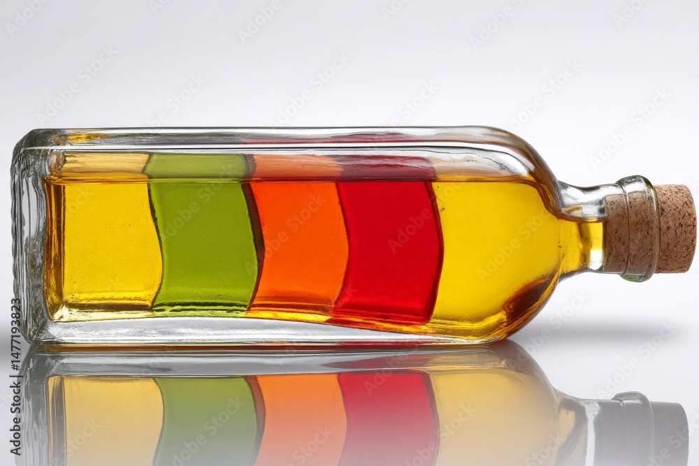 Poster colorful layers of oil in a glass bottle create a striking visual display on a neutral background
