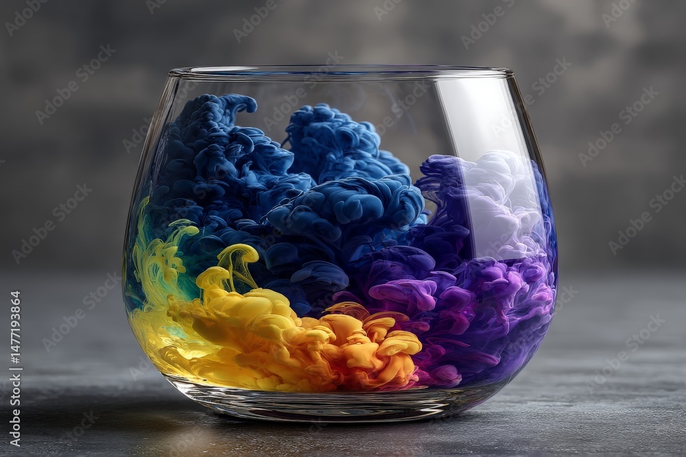 Poster colorful ink swirl in clear glass container creates an artistic display of hues
