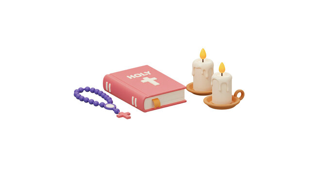 Religion and faith: holy book, rosary and candles for prayer and meditation spiritual practices scene on transparent background