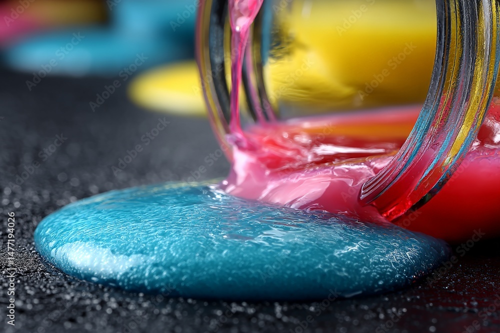 Aufkleber Bright colored paints spill from a jar creating a vibrant pattern on a dark surface during an art project