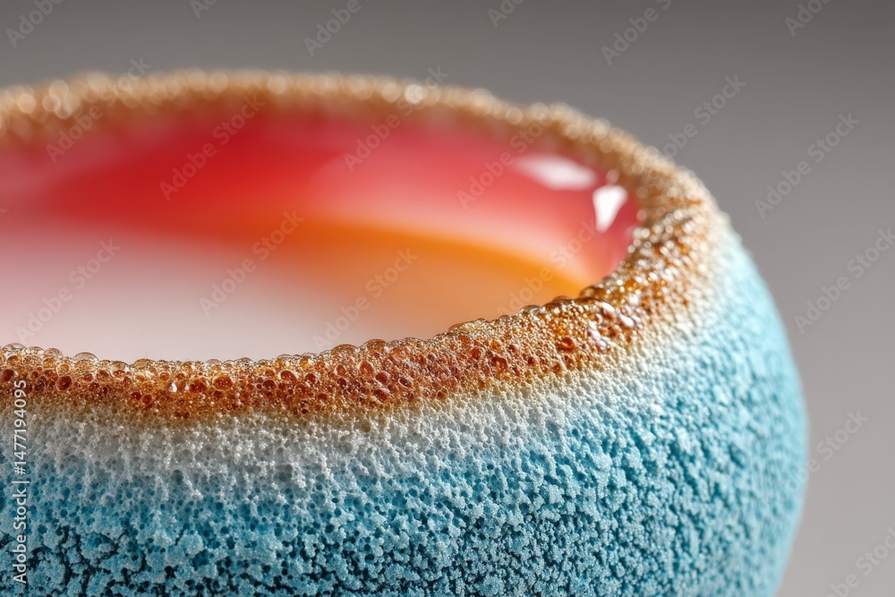 Poster colorful layered beverage with frothy rim served in a textured glass at a bar during a lively evenin