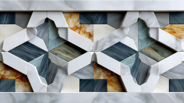 Intricate geometric marble tile design featu a symmetrical star pattern with blue gray and beige hues surrounded by marble trim creates a stunning wall panel. - Powered by Adobe